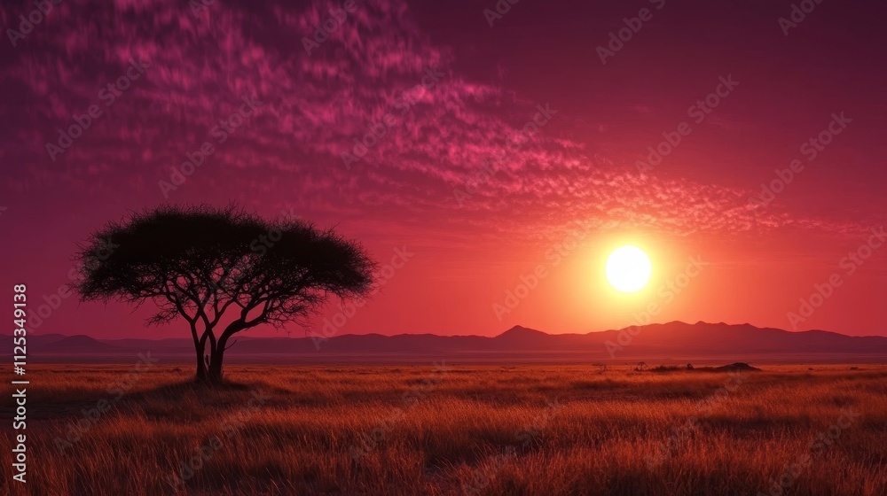 A serene sunset over a vast landscape with a solitary tree, creating a tranquil atmosphere. A serene sunset over a vast landscape with a solitary tree, creating a tranquil atmosphere.