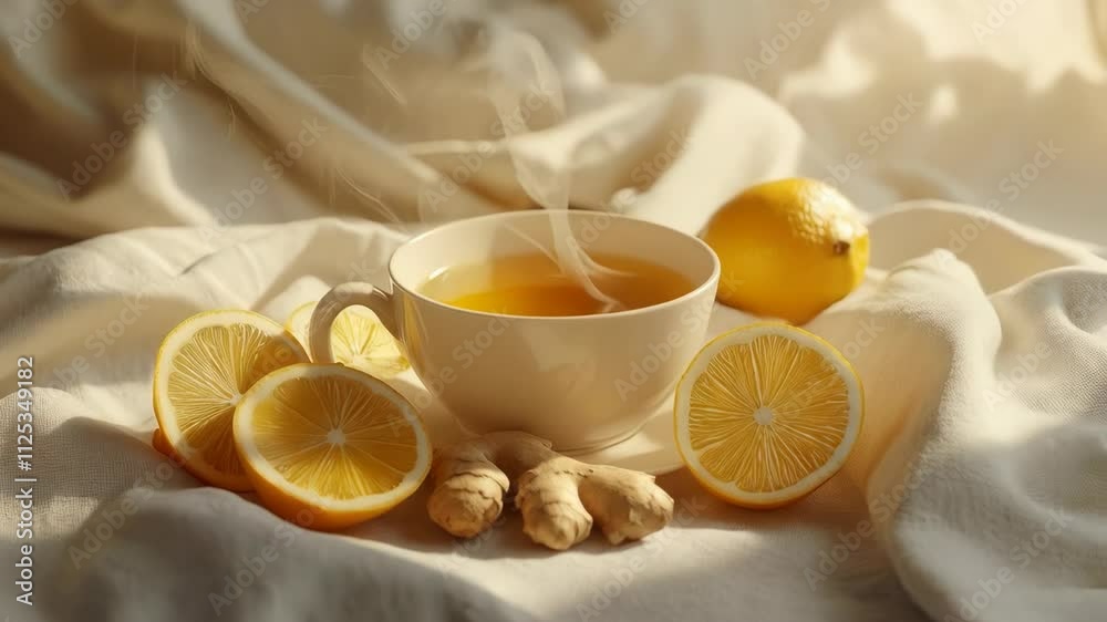 Steaming mug of hot tea with ginger and lemon. Flu and cold concept. Vitamin c and immunity. Herbal drink.