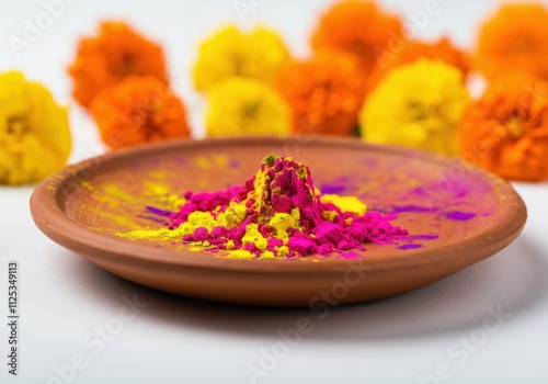 Vibrant holi colors in a terracotta dish, with marigold flowers in the background, celebrating the joyful festival of colors photo