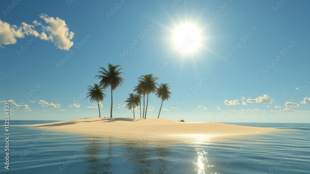 Obraz premium A serene tropical island with palm trees under a bright sun and clear blue sky.