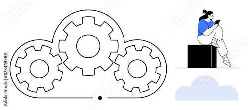 Person sitting on cube using tablet. Three interconnected gears within cloud outline. Ideal for technology, cloud services, teamwork, digital integration, innovation, mobile devices IT. Line