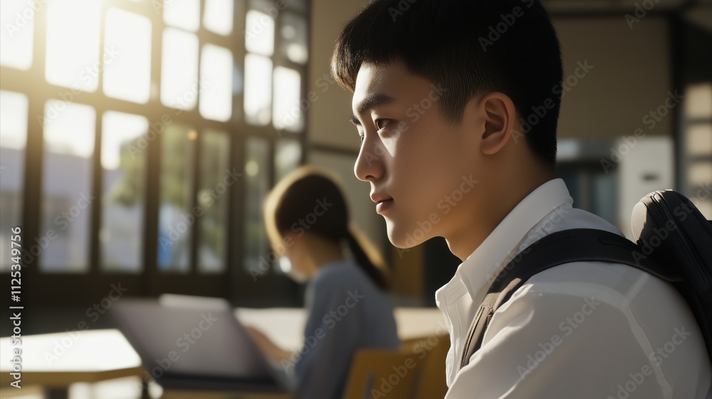 Man with a backpack sits at a table with a laptop Man with a backpack sits at a table with a laptop