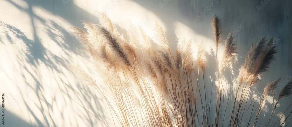 Obraz premium Beautiful shades of neutral pampas grass and reeds makes for an aesthetic background with sunlight casting shadows on the wall giving off Parisian vibes