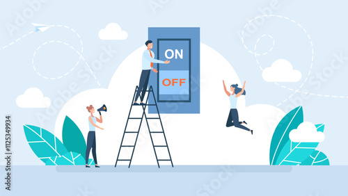 People turn on toggle switch. Electric control. Businessman turns on the light. Environmental protection, ecology. On, off. Saving energy, turning off lights, electrical devices. Vector illustration