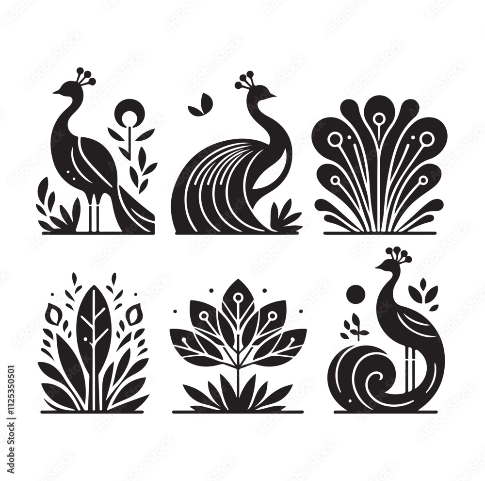 Fototapeta premium peacock set silhouette vector illustration