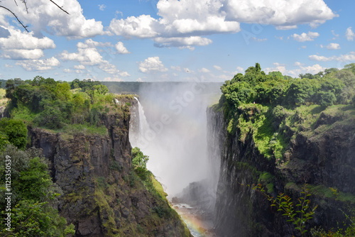 Victoria Falls, aka Mosi oa Tunya, obscured by mist. View from the Zimbabwe side.