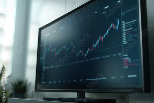 Monitor screen with price graphs and candlestick charts, cryptocurrency