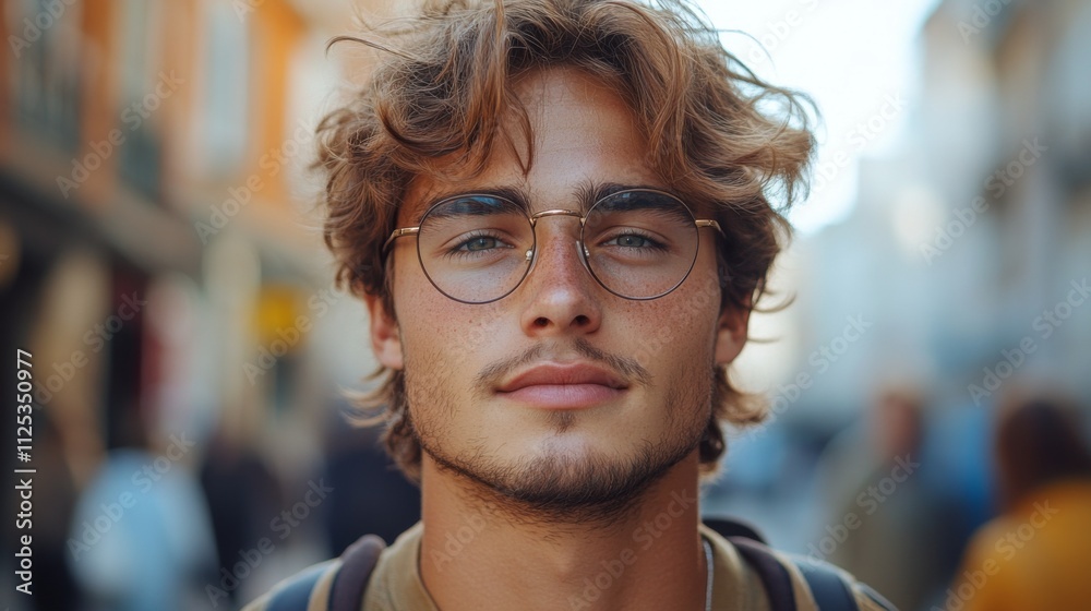 A young man with curly hair and glasses stands in a busy street, showcasing a relaxed expression. The background features blurred figures and colorful buildings, emphasizing a lively urban setting. A young man with curly hair and glasses stands in a busy street, showcasing a relaxed expression. The background features blurred figures and colorful buildings, emphasizing a lively urban setting.