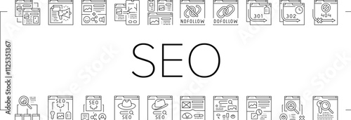 seo technical audit icons set vector. optimize market, rank search, improve marketing, dashboard report seo technical audit black contour illustrations
