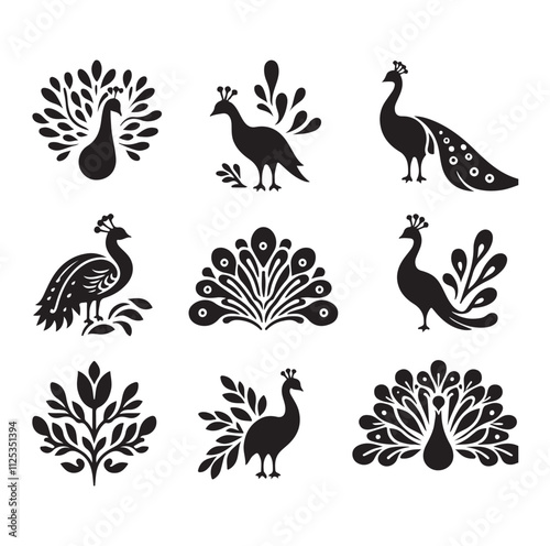 peacock set silhouette vector illustration