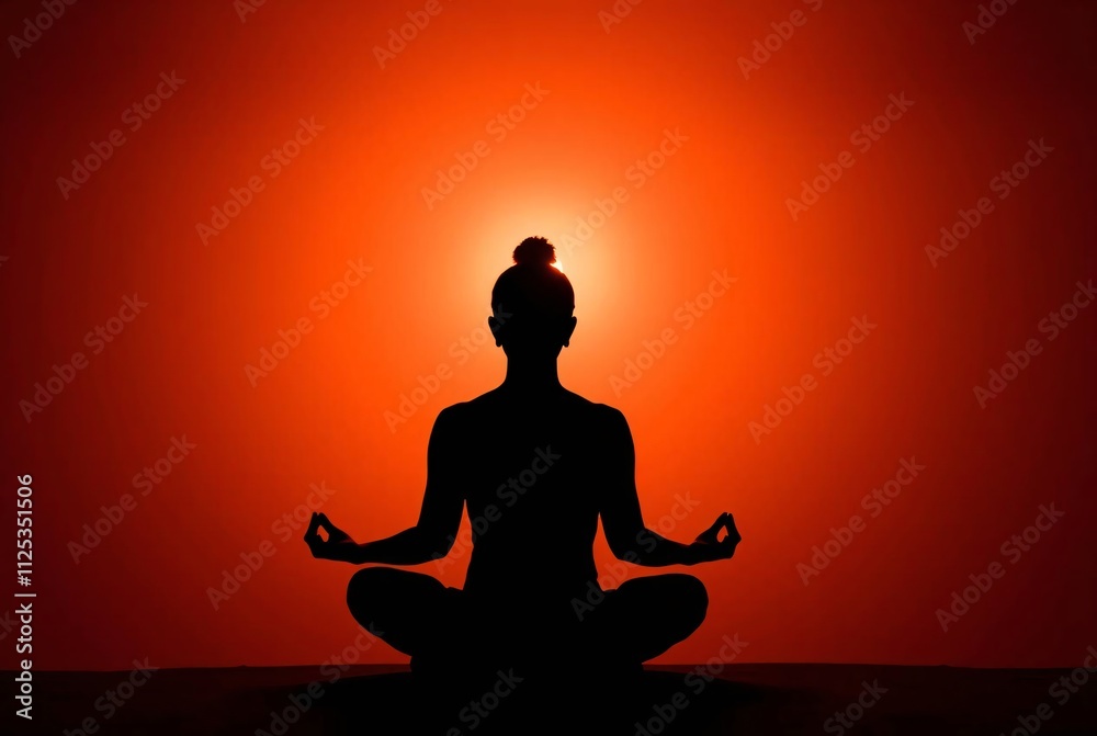 Silhouette of Tranquility: A woman in a serene yoga pose, bathed in the warm glow of a vibrant orange light, embodies peace and inner harmony. Silhouette of Tranquility: A woman in a serene yoga pose, bathed in the warm glow of a vibrant orange light, embodies peace and inner harmony.