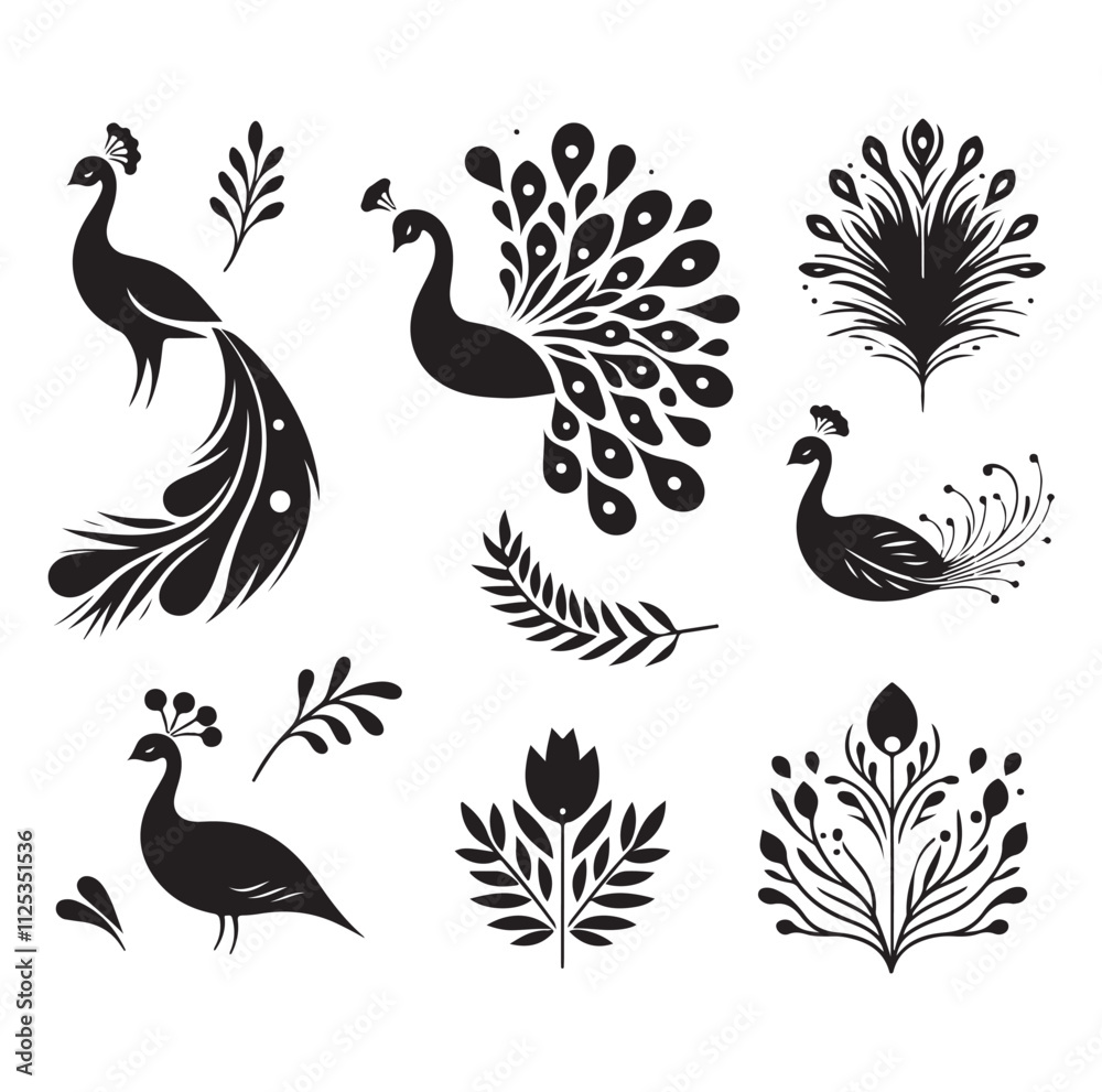 Fototapeta premium peacock set silhouette vector illustration