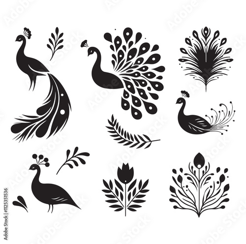 peacock set silhouette vector illustration