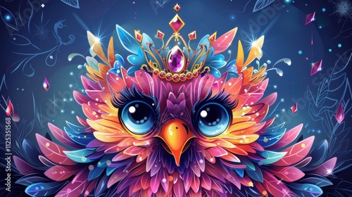 Cartoon bird face with a crown, royal blue background with jewels photo