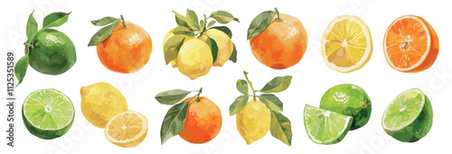 citrus fruits watercolor set. orange lemon lime, vitamins healthy food sour whole half branch exotic tropical fruit vector illustration