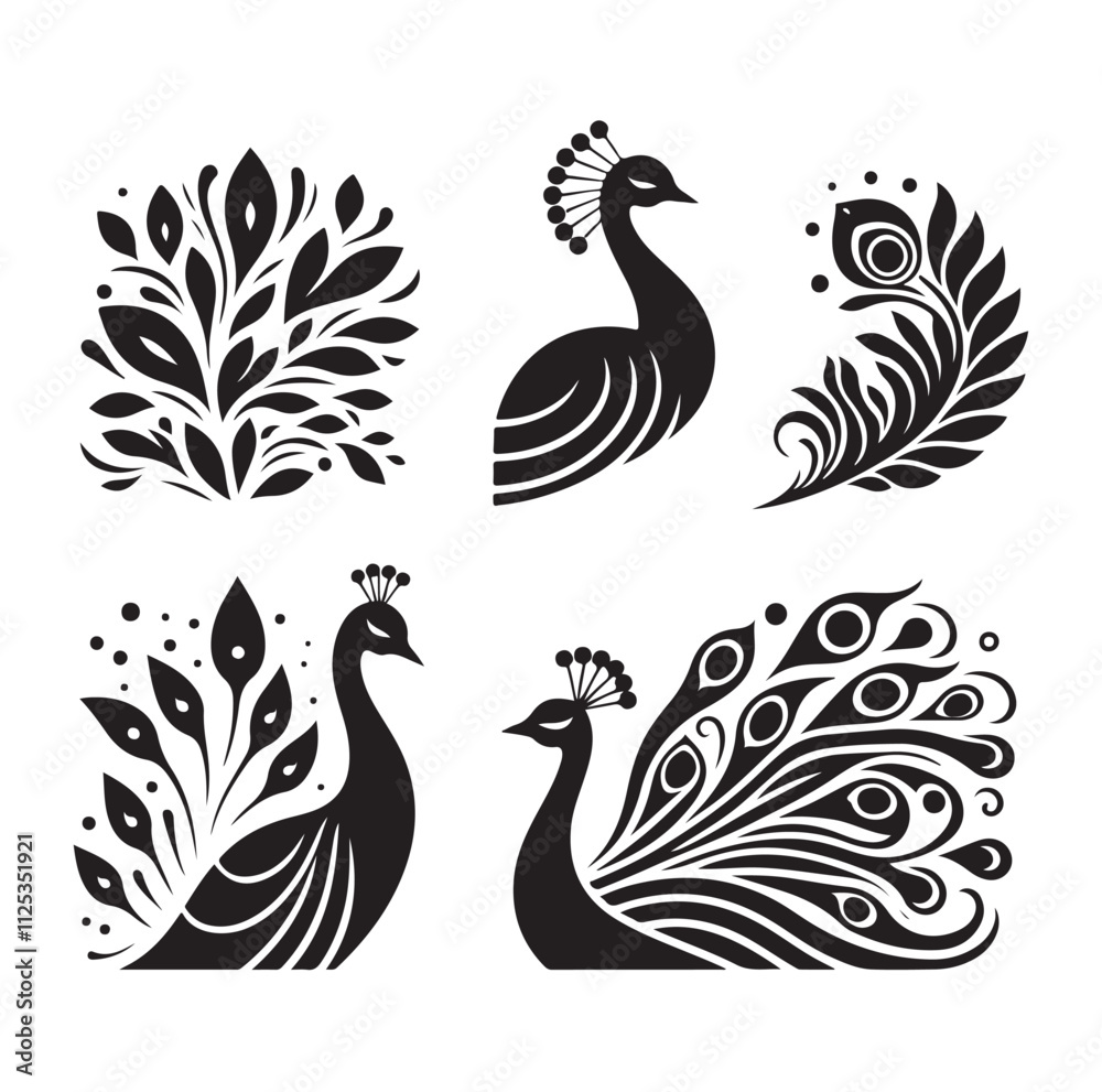 Obraz premium peacock set silhouette vector illustration