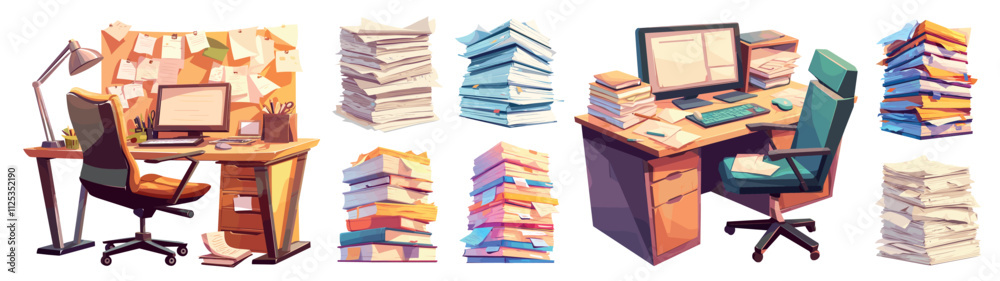 cluttered desktop cartoon. stack of papers set, paper office mess documentation work folders computer notes office supplies vector illustration