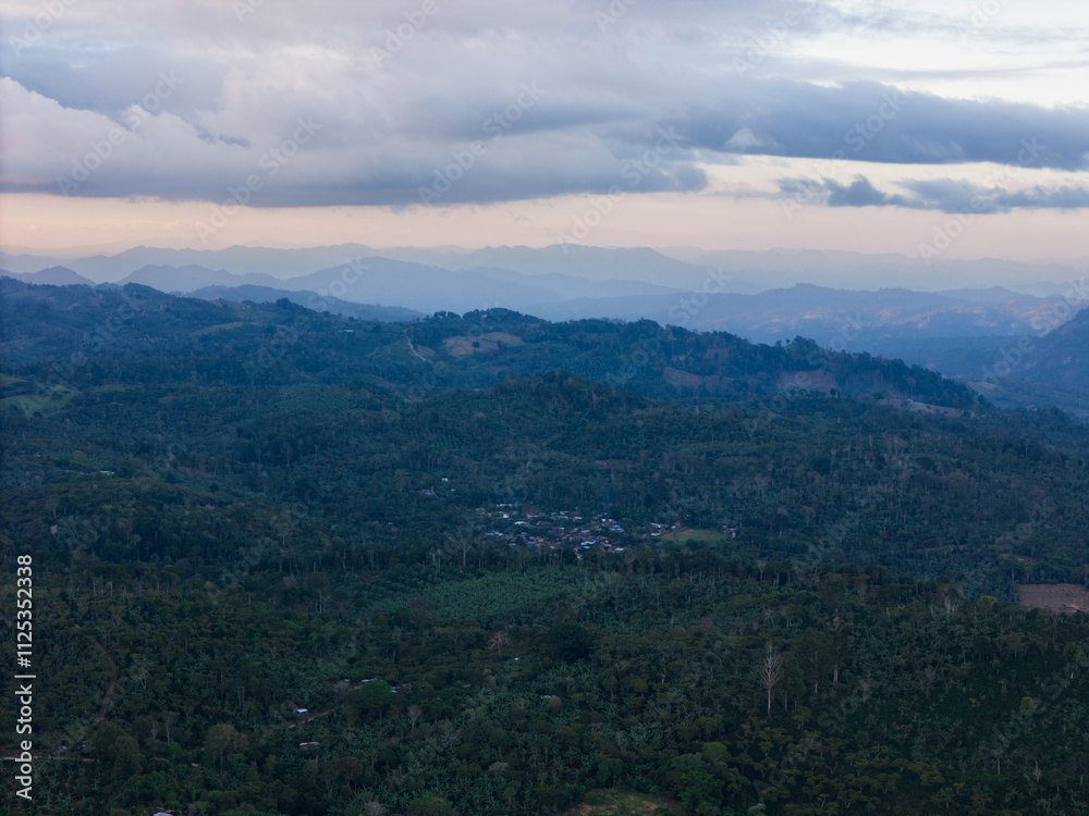 Vast green landscape stretches under cloudy sky at dusk in rural area Vast green landscape stretches under cloudy sky at dusk in rural area