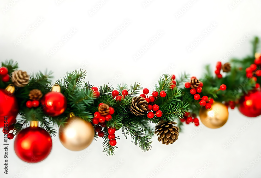 Christmas garland with red and gold baubles, berries, and pinecones on a white background. PNG transparent. Christmas garland with red and gold baubles, berries, and pinecones on a white background. PNG transparent.