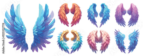 colored wings cartoon set. color wing, feathers angel fairy symmetrical decoration element fantasy costume vector illustration