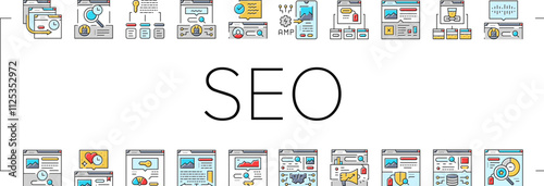 seo improve top website icons set vector. optimization social, analytics strategy, local service, analysis media, engine seo improve top website color line illustrations