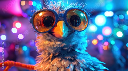 Cartoon bird face with a disco ball, dance party background with lights