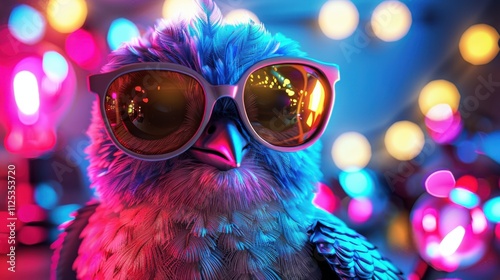 Cartoon bird face with a disco ball, dance party background with lights