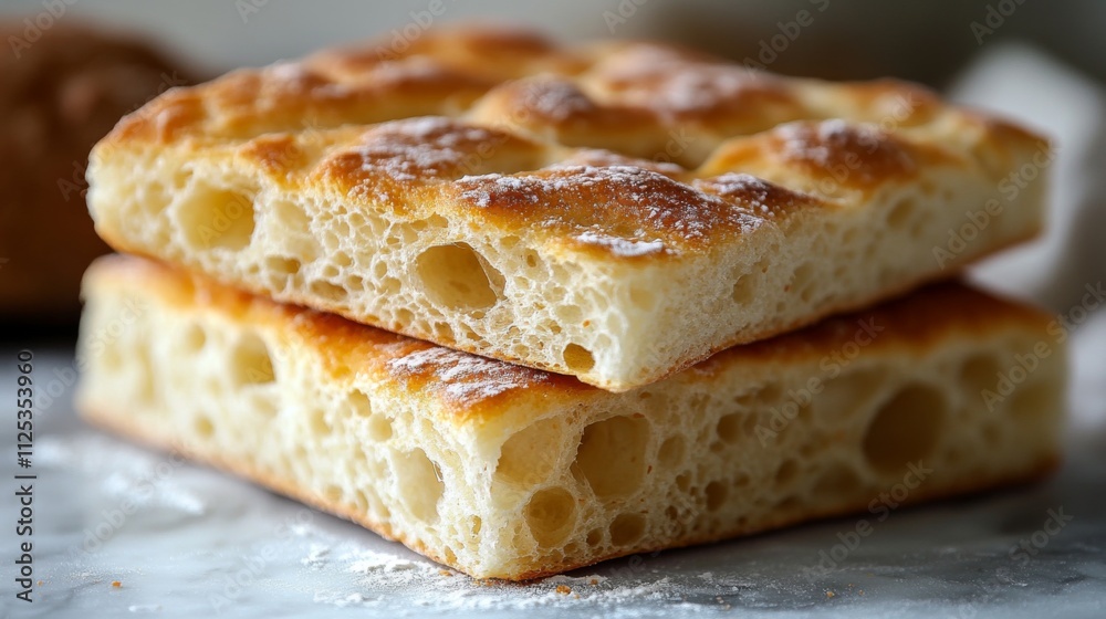 Warm focaccia bread showcases a golden crust and airy interior, resting on a marble countertop. This bread is perfect for sandwiches or enjoying with olive oil. Warm focaccia bread showcases a golden crust and airy interior, resting on a marble countertop. This bread is perfect for sandwiches or enjoying with olive oil.