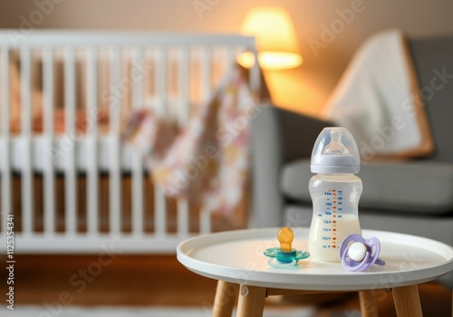 Baby bottle filled with milk and two pacifiers are placed on small table in cozy nursery photo