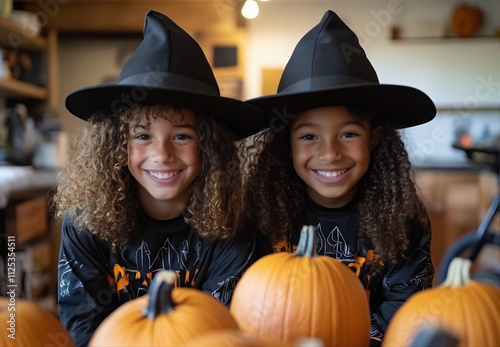 Two children in costumes of witches, with black hats and curly hair, are smiling at the camera on a table full of Halloween pumpkins in a well-lit kitchen background,