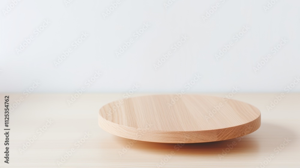 Elegant round wooden serving platter. Wooden podium on soft, neutral kitchen background. Elegant round wooden serving platter. Wooden podium on soft, neutral kitchen background.