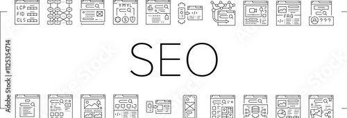 seo digital optimization strategy icons set vector. local service, analysis media, consulting web, ecommerce backlink seo digital optimization strategy black contour illustrations