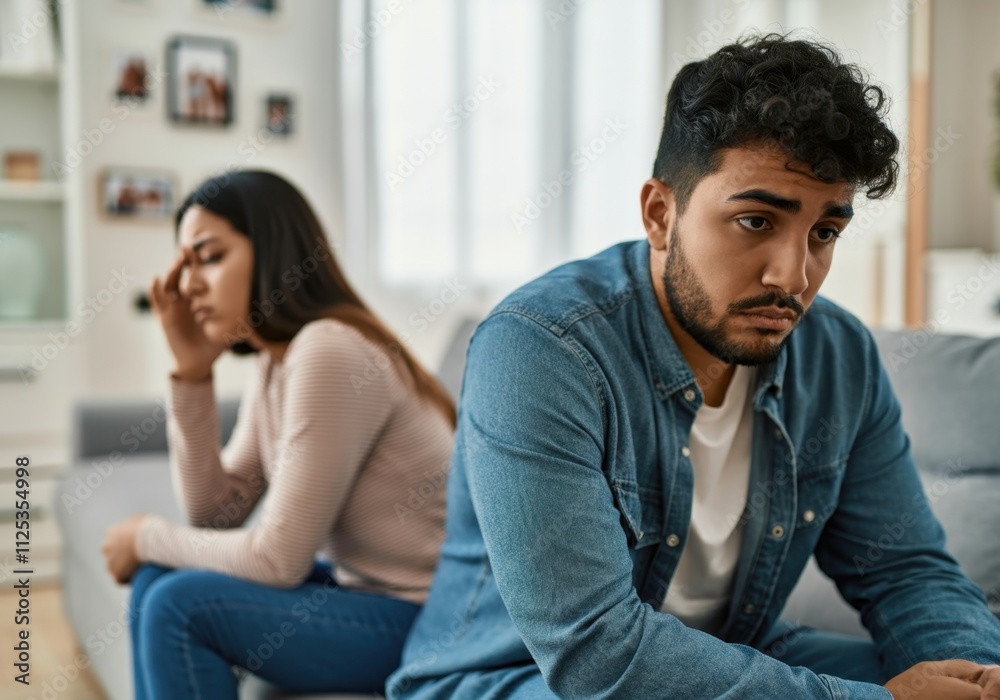 Fototapeta premium Sad young couple sitting back to back on sofa after having quarrel at home