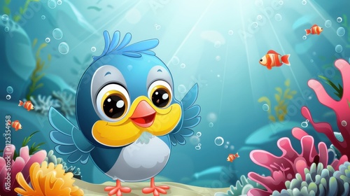 Cartoon bird face with a fish, underwater background with coral photo