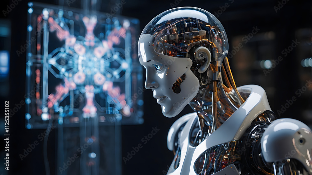 Fototapeta premium Advanced humanoid robot in a futuristic laboratory. Close-up view of a sophisticated android with visible internal mechanics, standing before a holographic display. 