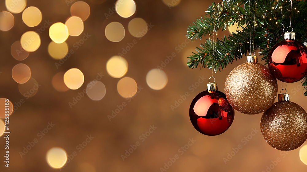 Decorative Christmas ornaments hang from a tree branch, surrounded by a soft, shimmering background of warm golden bokeh lights. Decorative Christmas ornaments hang from a tree branch, surrounded by a soft, shimmering background of warm golden bokeh lights.
