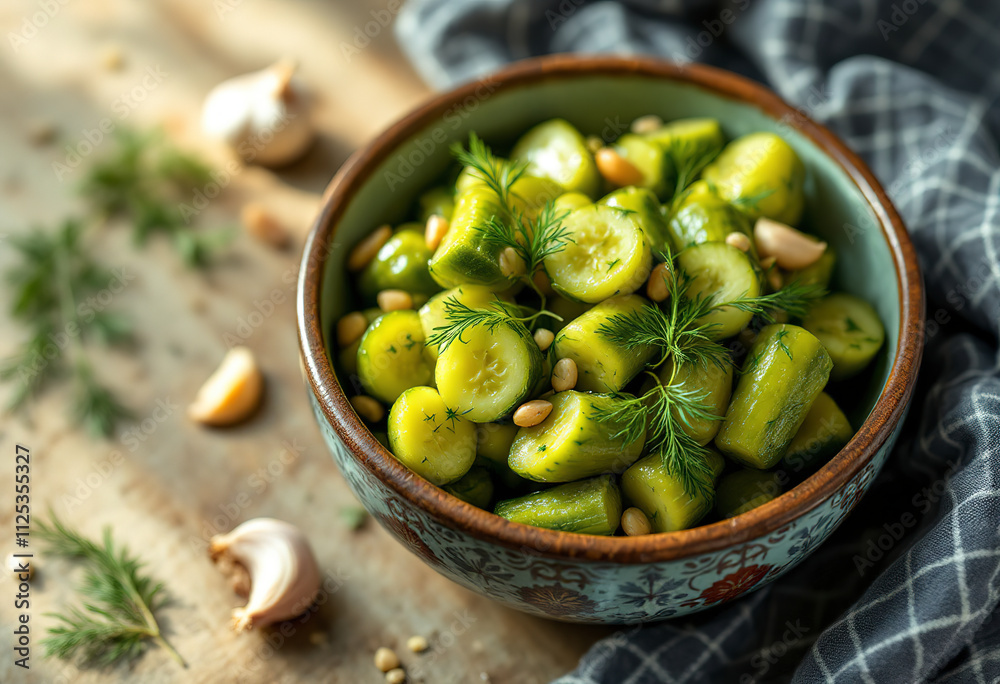 a bowl of pickled cucumbers with dill and garlic a bowl of pickled cucumbers with dill and garlic