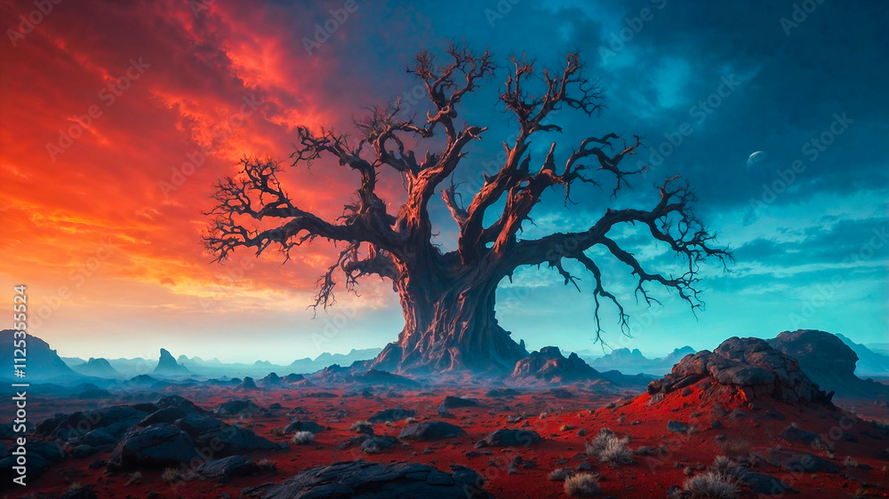 A massive, gnarled tree stands alone in a surreal alien landscape with vivid red soil. The sky is split into fiery orange and deep blue tones. A massive, gnarled tree stands alone in a surreal alien landscape with vivid red soil. The sky is split into fiery orange and deep blue tones.