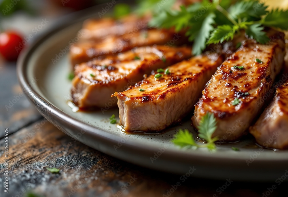 A close-up shot of a plate with cooked meat A close-up shot of a plate with cooked meat