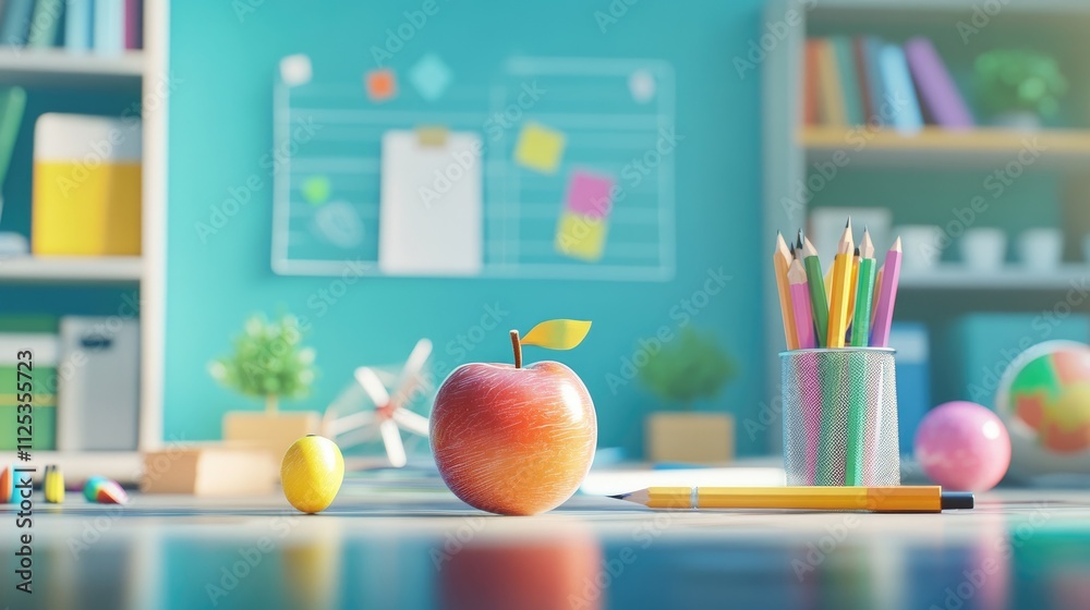 Red apple on desk in bright classroom. Red apple on desk in bright classroom.