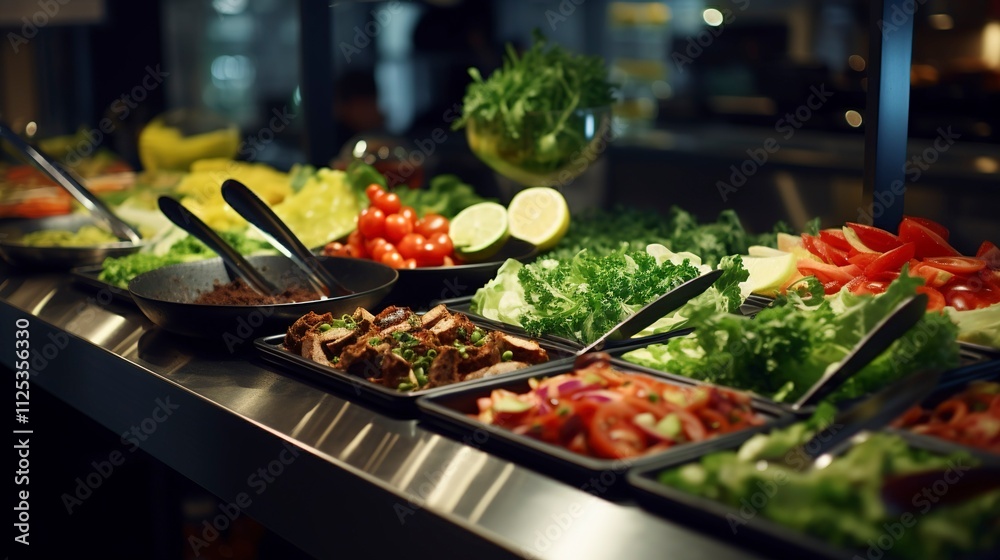 A photo of a trendy salad bar with fresh ingredients. A photo of a trendy salad bar with fresh ingredients.
