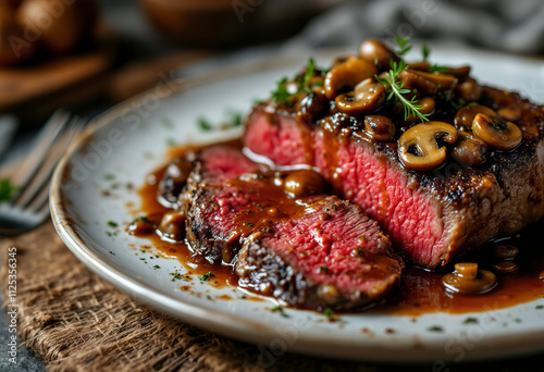 A medium shot of a plate with sliced rare roasted thick juicy beef fillet topped with a braised mushroom sauce