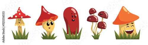 Funny Mushroom Character with Smiling Face Vector Set