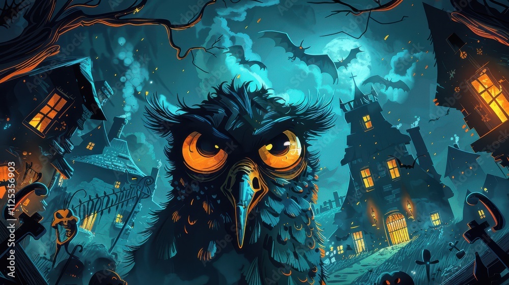 Cartoon bird face with a Halloween mask, haunted house background with ghosts Cartoon bird face with a Halloween mask, haunted house background with ghosts