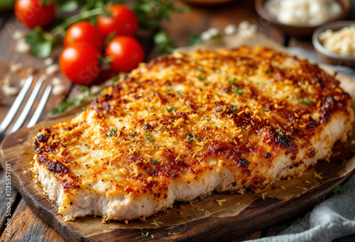 A photo of a roasted pork cutlet with a crispy Parmesan herb crust