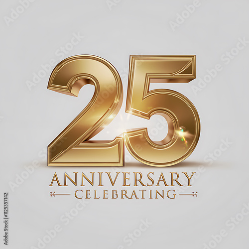 25 Anniversary celebrating greeting card with gold 3d text on white background. Poster, banner,  template for 25th anniversary event party. 