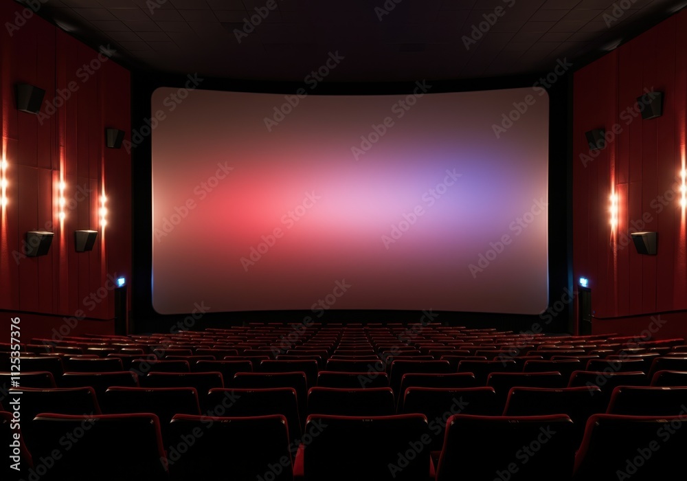 Fototapeta premium Large empty cinema auditorium with rows of red seats and a big screen displaying a gradient of colors, creating an immersive atmosphere