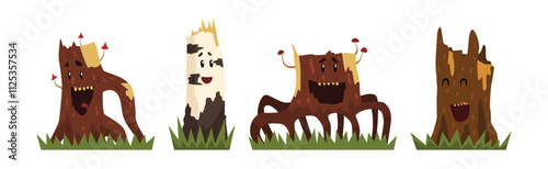 Funny Tree Stump Character with Smiling Face Vector Set