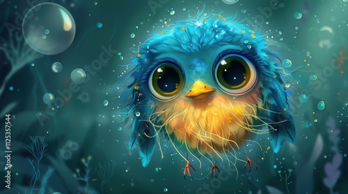 Cartoon bird face with a jellyfish, deep sea background with bubbles