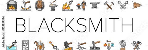blacksmith forge anvil hammer icons set vector. smith metal, smithy craftsman, fire steel, work farrier, black forging, sword strike blacksmith forge anvil hammer color line illustrations